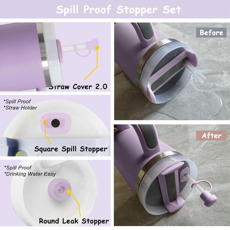 vikgle Stanley Cup Accessories Set,Including 2 Pcs 0.4in Straw Cover, 1 Silicone Spill-Proof Stopper Set of 3, 1 Cute Purple Flower Handle Charm, 1 Silicone Boot Fits Stanley 40&30 Oz Tumbler (Purple) - Image 5